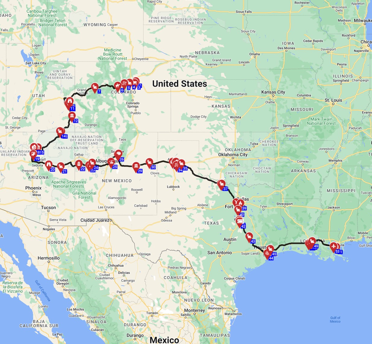 RV wizard  planning a route from  Denver to New Orleans USA motorhome planner